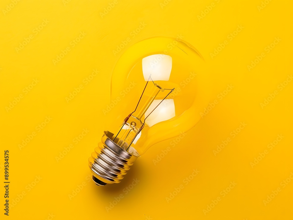 Glass light bulb on a yellow background as a concept solution to a problem. Neural network AI generated art Glass light bulb on a yellow background as a concept solution to a problem. Neural network AI generated art