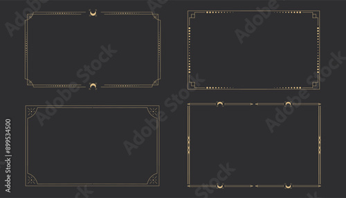 Gold celestial minimal esoteric frame, thin line border, mystyc linear decoration with dots, moon, stars corners isolated on dark background. Geometric shape, tarrot 