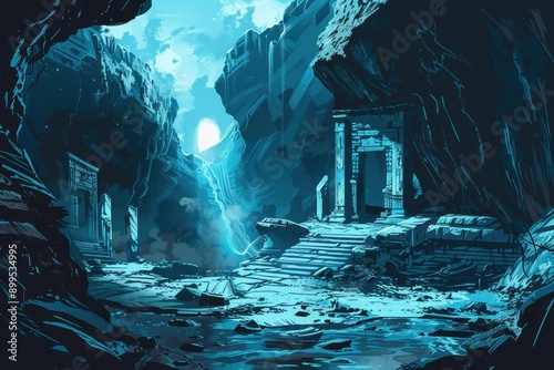 Ancient ruins of a forgotten civilization in a deep canyon bathed in moonlight photo