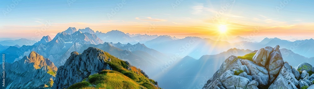 Obraz premium Golden sunrise in mountain range, Majestic peaks, Nature's beauty