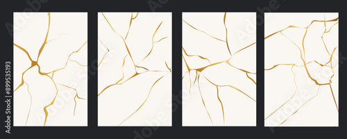 Kintsugi gold simple break lines, asian geaometric crackle. Surface with crack print, effect. Moderm cover golden broken texture.