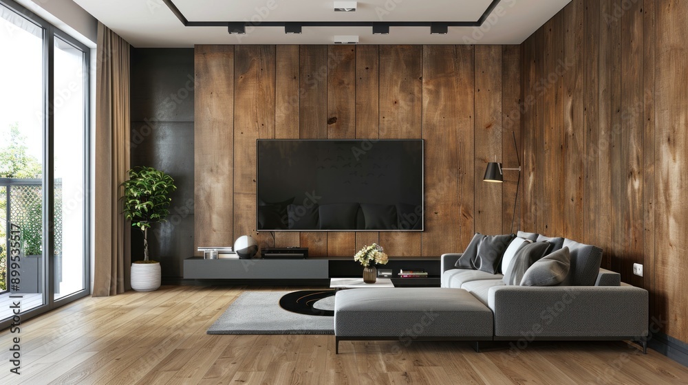 Fototapeta premium Modern living room with large flat screen TV and black coffee table