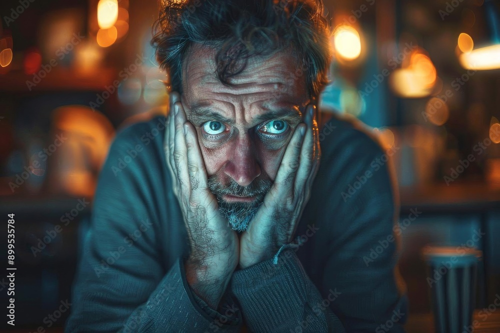 Fototapeta premium Pensive man with hands on face, deep in thought, in a dimly lit setting with warm, moody lighting. Emotive and expressive portrait.