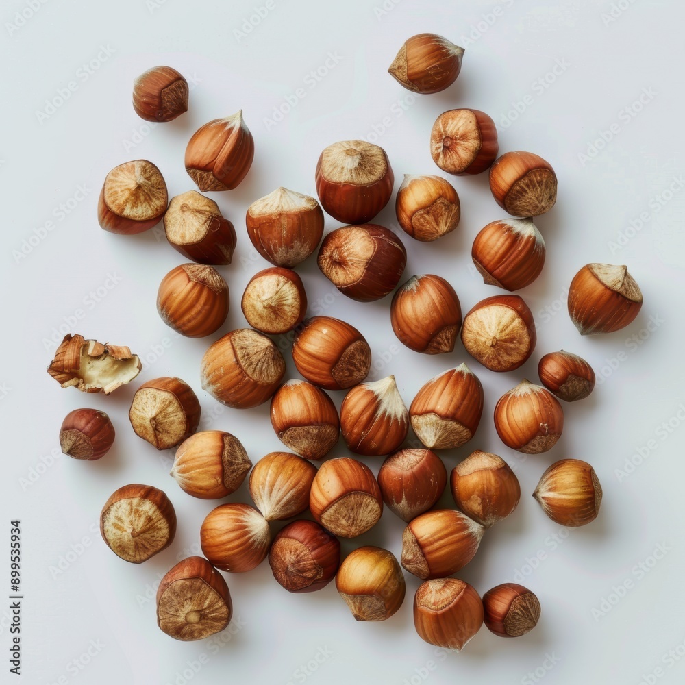 Hazelnuts scattered on a white surface, assortment of colors, autumn snack, ripe and raw, perfect ingredient Hazelnuts scattered on a white surface, assortment of colors, autumn snack, ripe and raw, perfect ingredient