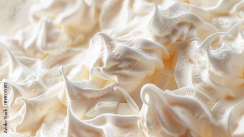 Close-up of tempting meringue with intricate shapes and textures, creating a delicious and visually appealing pattern. Homemade dessert satisfying any craving