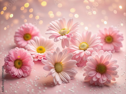 Soft focus pink daisy flowers scattered on a pastel light pink background adorned with subtle white dots, creating a serene and playful floral arrangement.