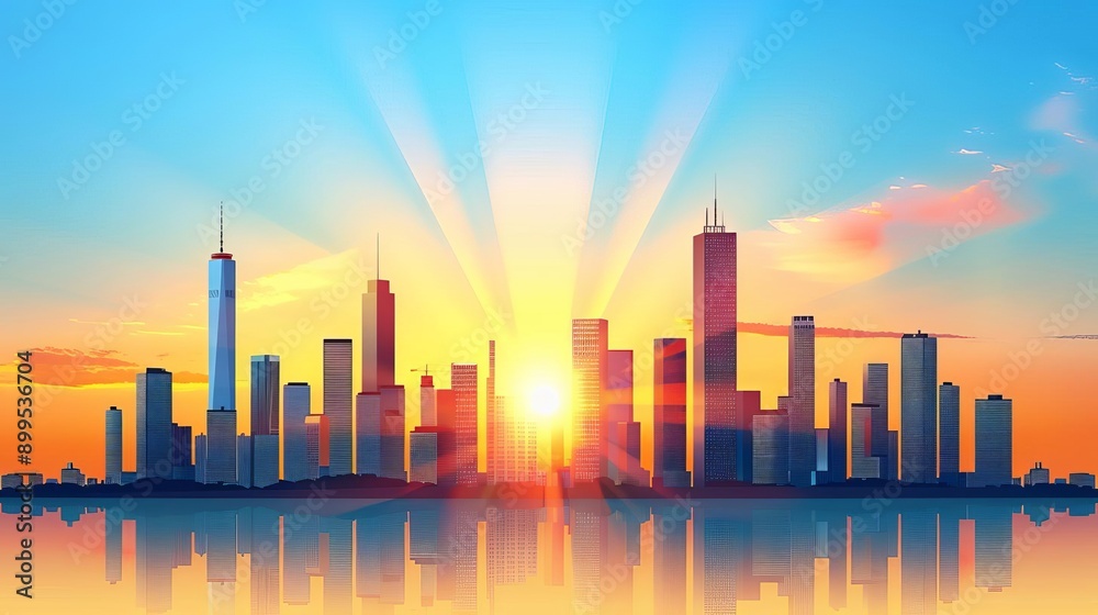 Obraz premium Sunset glow over modern city skyline, city sunset, urban twilight silhouette
