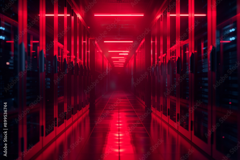 Secure server room with biometric access controls. Soft red light. High ...