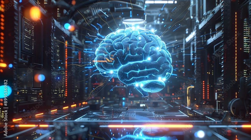 Obraz premium Futuristic Digital Brain Flashing with Neurons in Transparent Technological Cyber Space