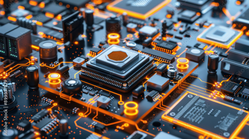 Close-up view of a computer circuit board with glowing orange lines and components, highlighting modern technology and innovation. Close-up view of a computer circuit board with glowing orange lines and components, highlighting modern technology and innovation.