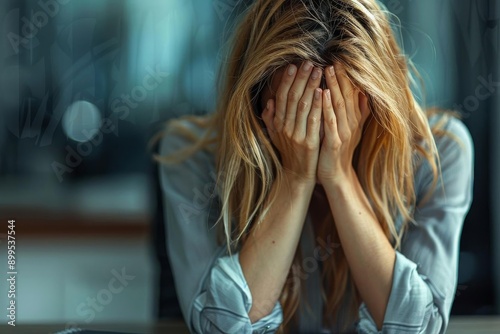 Stressed woman with her hands in her face, expressing emotional distress and anxiety in an indoor environment.