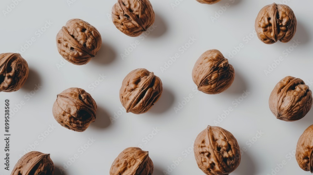 Scattered walnuts on a white background, showcasing their natural beauty and autumn harvest essence. Highlighting the raw and delicious nature of these tasty snacks Scattered walnuts on a white background, showcasing their natural beauty and autumn harvest essence. Highlighting the raw and delicious nature of these tasty snacks