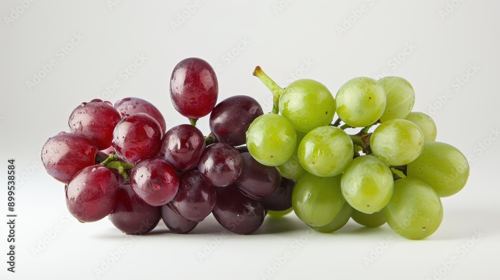 Two clusters of seedless grapes, one green and one red, placed on a white surface Two clusters of seedless grapes, one green and one red, placed on a white surface