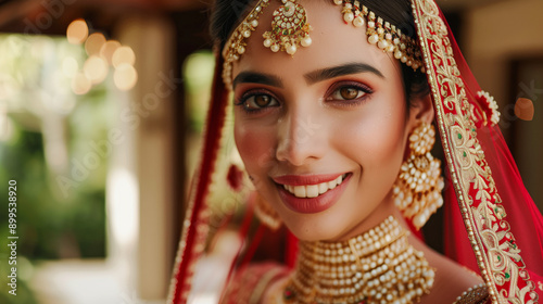 Indian bride with full makeup and jewellery ready for wedding, looking beatutiful