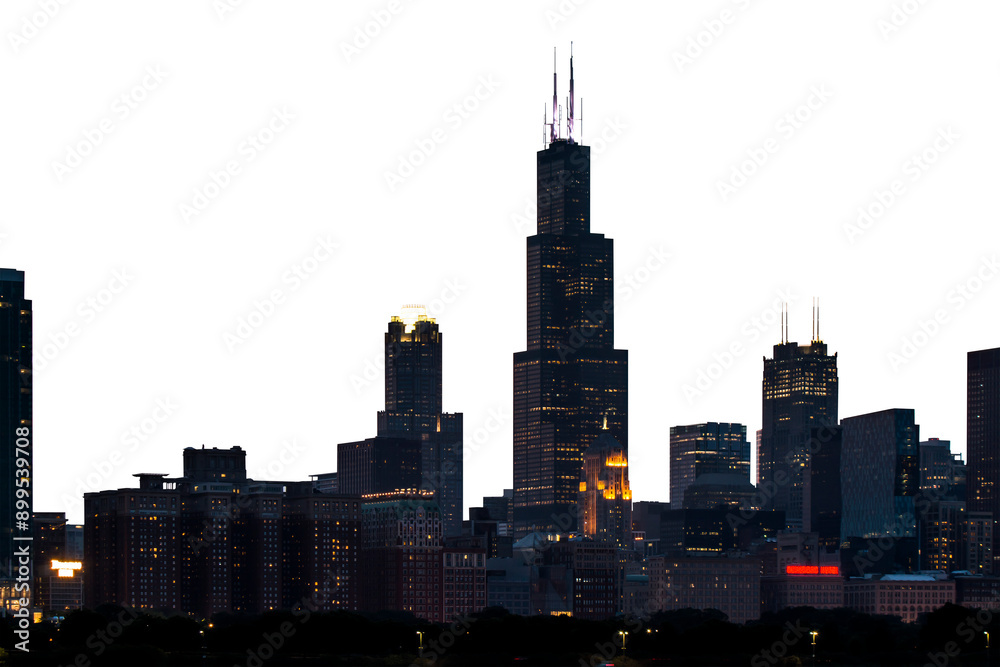 Obraz premium Chicago skyline at night with illuminated skyscrapers and dark sky