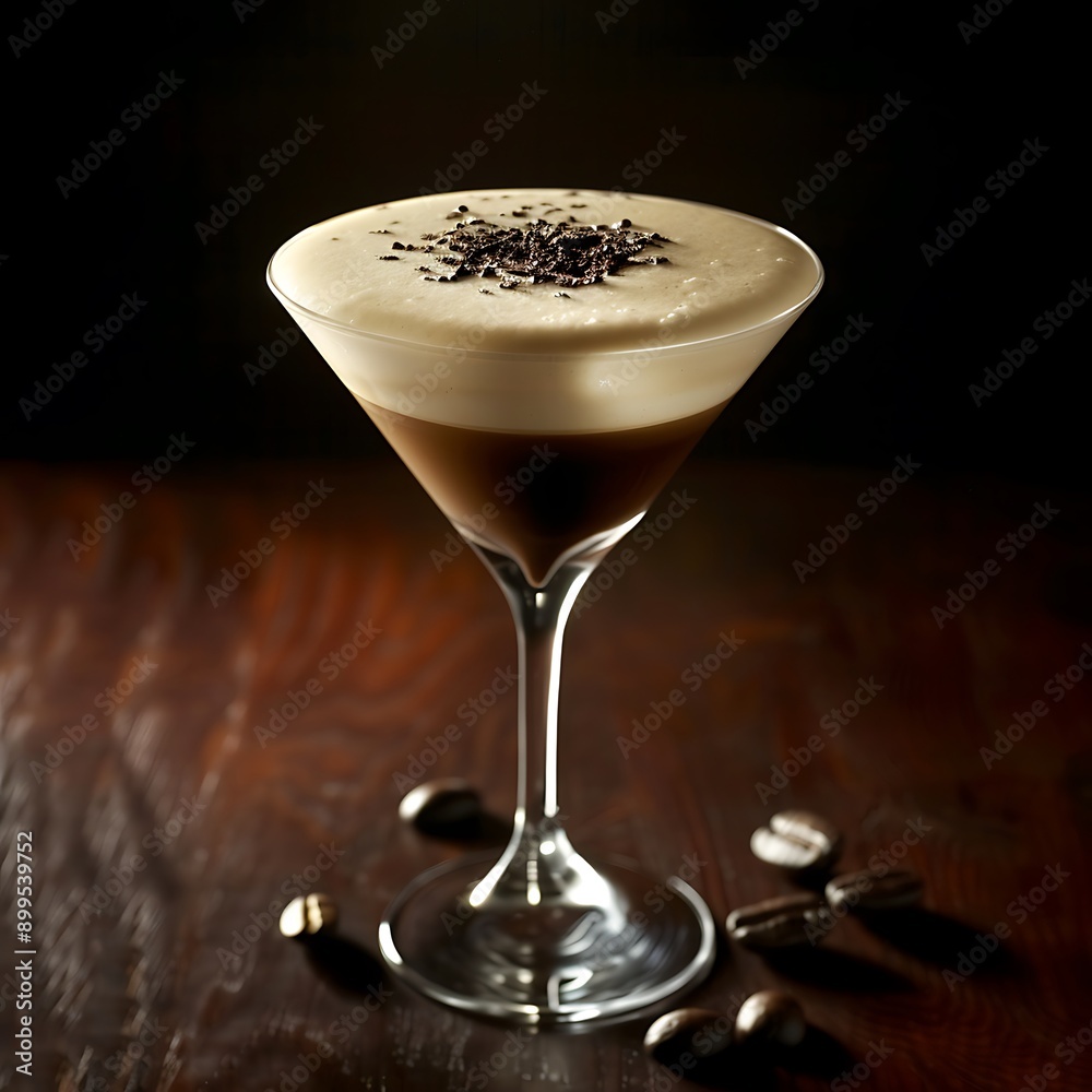 Espresso Martini Cocktail in a Martini Glass with Coffee Beans.