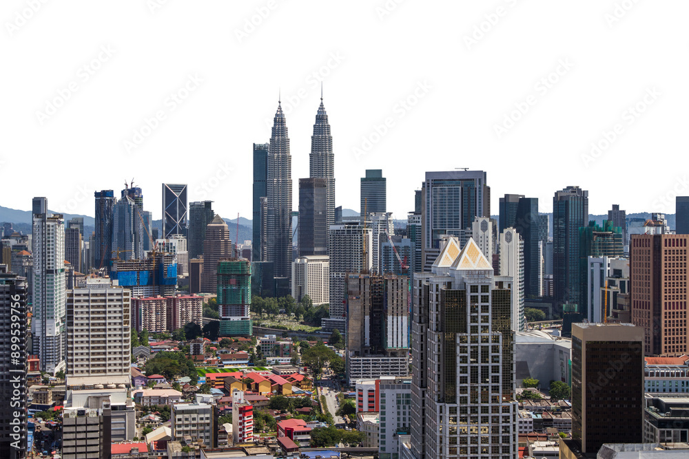Obraz premium Kuala Lumpur cityscape featuring the iconic Petronas Towers and surrounding buildings, isolated on a transparent background. Ideal for design elements or templates related to Malaysian cityscapes