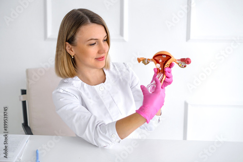 Schilderij op canvas A female doctor demonstrates the process of using gynecological speculum on a mo