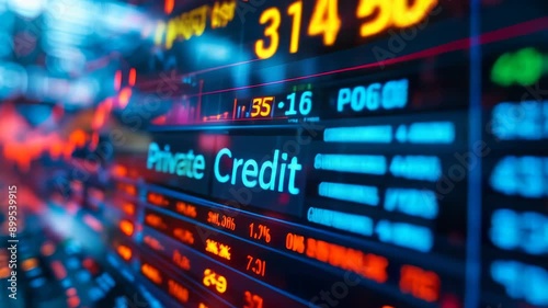 Dynamic Financial Market Display Showcasing Private Credit with Bright Neon Lights Reflecting Investment Trends in Private Lending Industry at Night