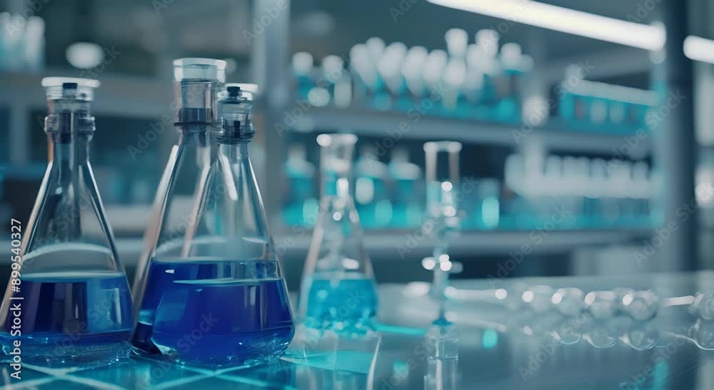 A lab table with several blue and clear glass beakers and test tubes