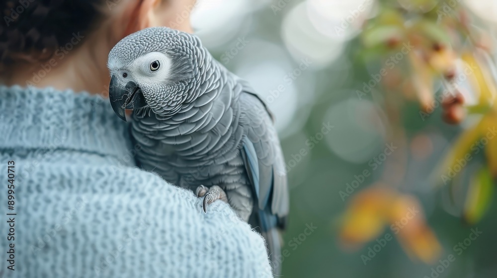 Fototapeta premium An African Grey parrot perched on a human shoulder, showing a close bond.