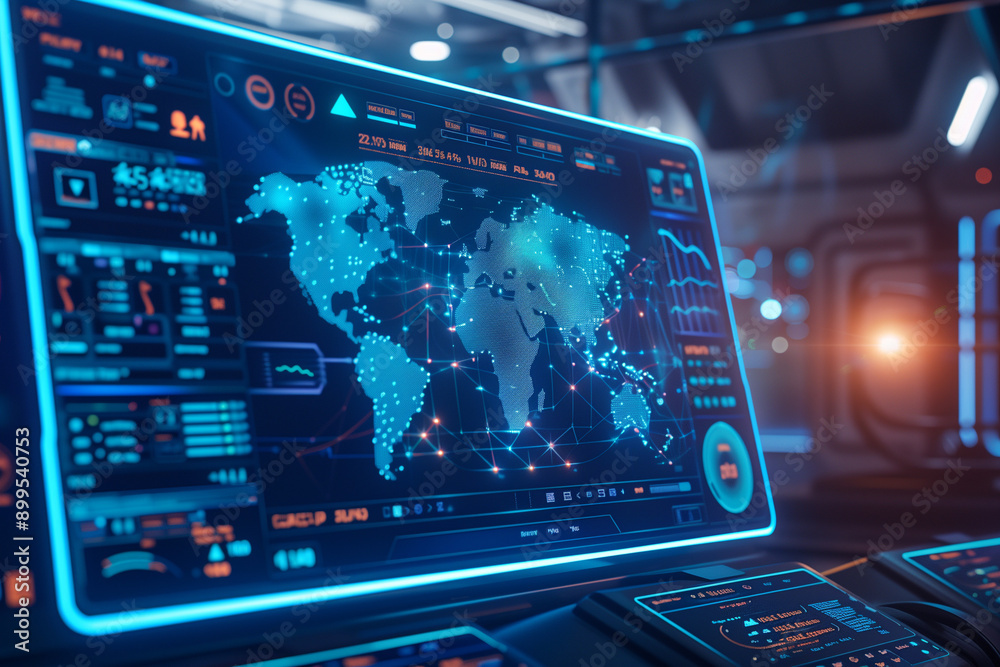 Network security dashboard with real-time threat alerts. Bright blue light. Futuristic command center background. Network security dashboard with real-time threat alerts. Bright blue light. Futuristic command center background.