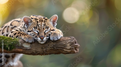A majestic ocelot rests on a moss-covered branch.