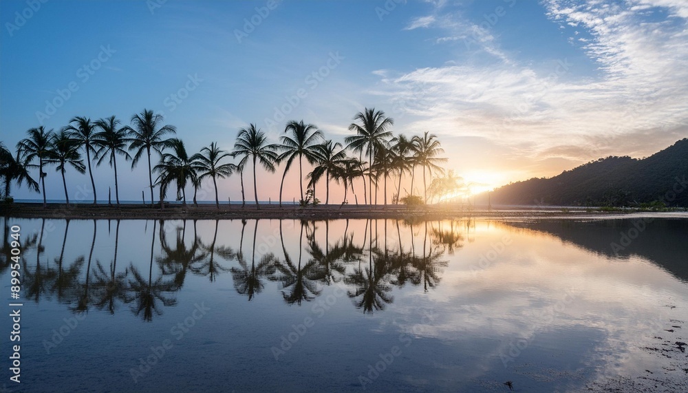 Sunset Reflections Palm trees mirrored in the still waters of a tropical lagoon at sunset. Sunset Reflections Palm trees mirrored in the still waters of a tropical lagoon at sunset.
