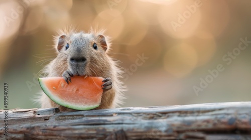 A curious capybara pup nibbles on a watermelon slice.