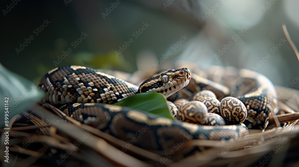 A python guarding its eggs in a hidden den. A python guarding its eggs in a hidden den.