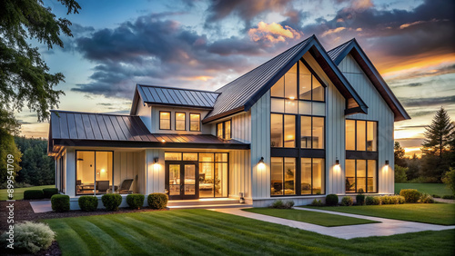 Modern farmhouse with sleek gabled roof, expansive glass windows and doors, and seamless integration with serene natural surroundings, exuding bright, airy, and peaceful ambiance.