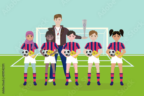 Teaching schoolchildren. Part 1. School football team of the class and the physical education teacher at the ceremony of presenting the competition cup and diplomas for taking first place.