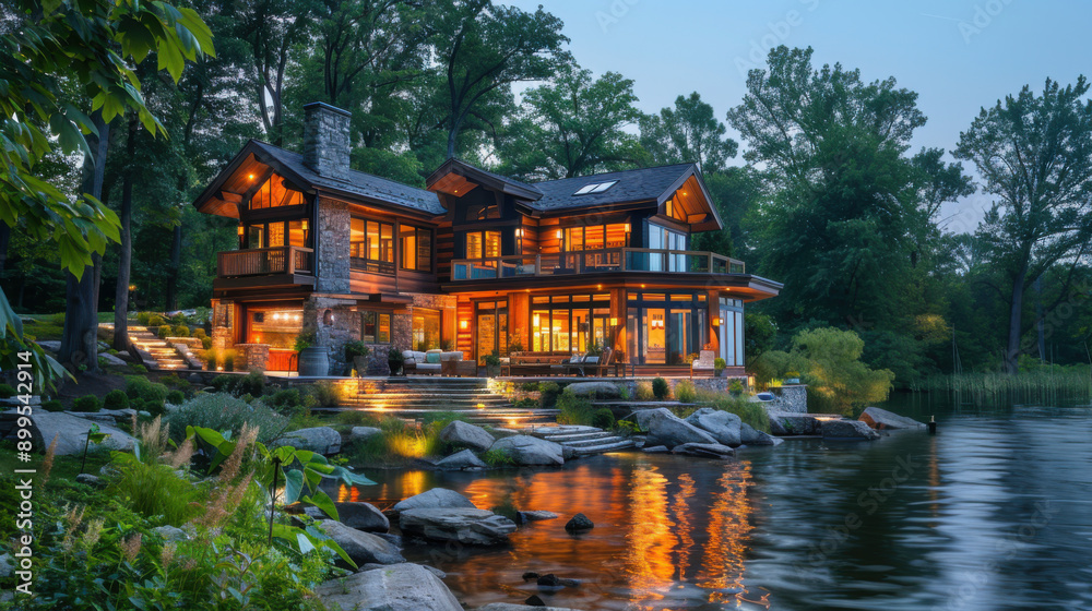 Fototapeta premium A modern lakeside house with warm illuminated exterior surrounded by lush greenery and reflecting on calm water at dusk.