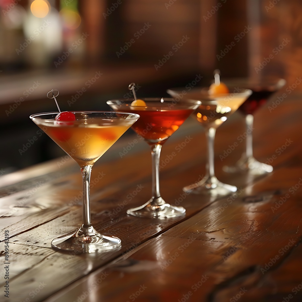 Martini Cocktails in a Row on a Wooden Bartop. Martini Cocktails in a Row on a Wooden Bartop.