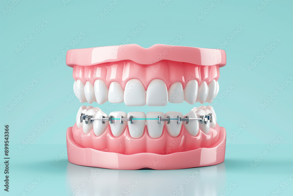 Obraz premium Flat design illustration showcasing orthodontic braces, highlighting the process and benefits of dental treatment for improved smiles and oral health.