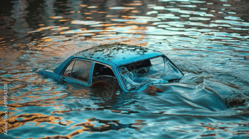 Blue car drown in water canal Extreme accident vehicle sink in river pound lake, traffic incident