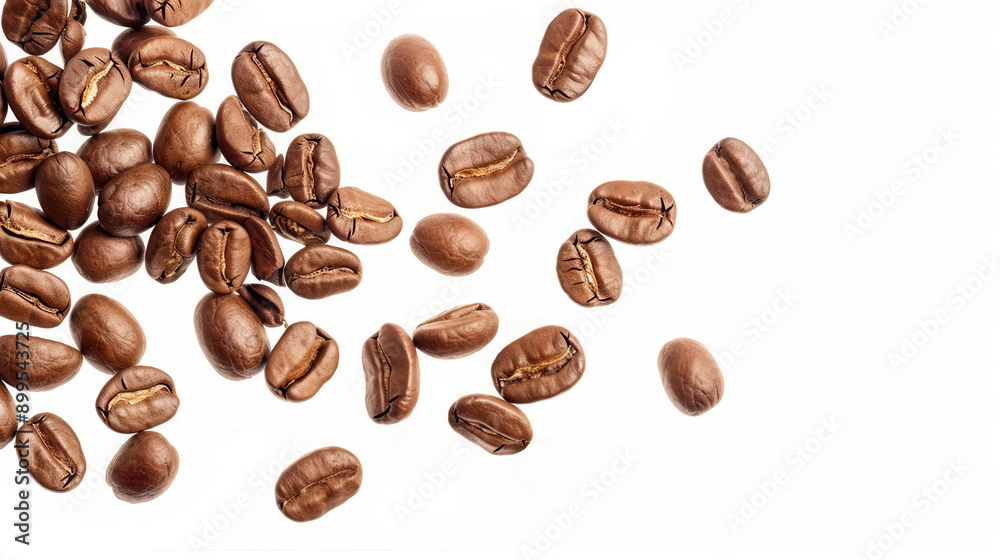 Coffee beans scattered in the air isolated on a white background Falling coffee beans on white space