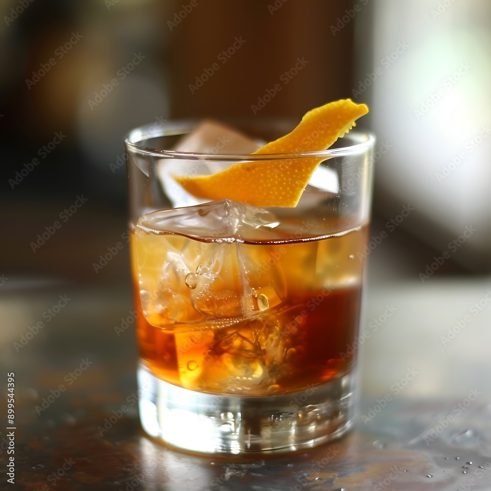 Close-up of a refreshing cocktail with orange peel garnish and ice cubes. Close-up of a refreshing cocktail with orange peel garnish and ice cubes.