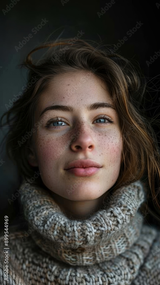 Fototapeta premium A woman with blue eyes and a red nose is wearing a sweater