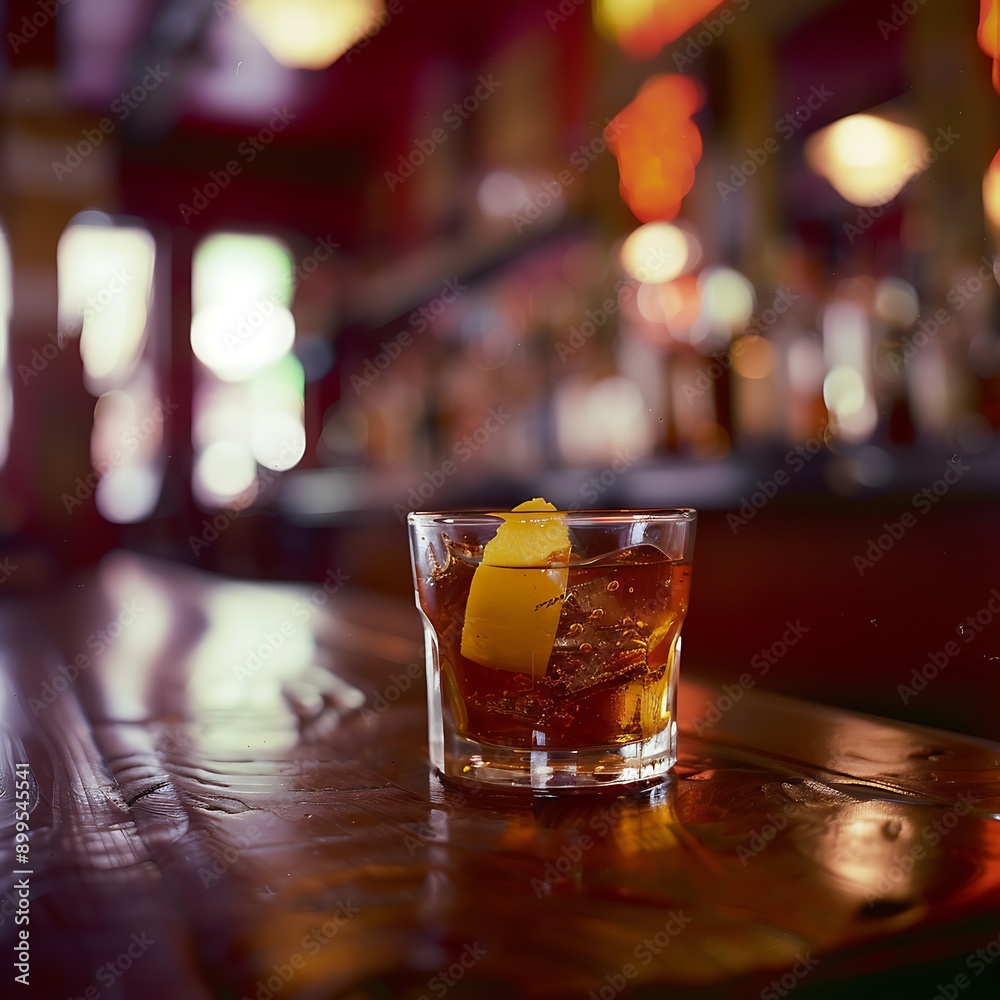 Close-up of a refreshing cocktail with a lemon twist on a bar counter. Close-up of a refreshing cocktail with a lemon twist on a bar counter.