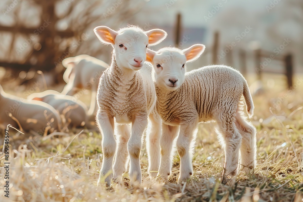 Fototapeta premium lambs playing in a pasture
