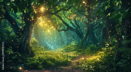 A forest with trees that are lit up with fireflies