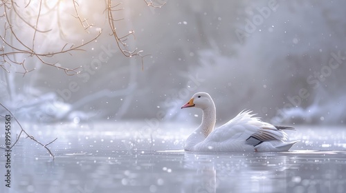 White goose swimming in a winter pond portrait © AkuAku