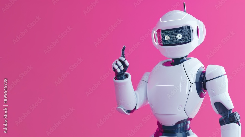 Cute robot pointing upwards against a vibrant pink background. Concept of robotic guidance and direction. Cute robot pointing upwards against a vibrant pink background. Concept of robotic guidance and direction.