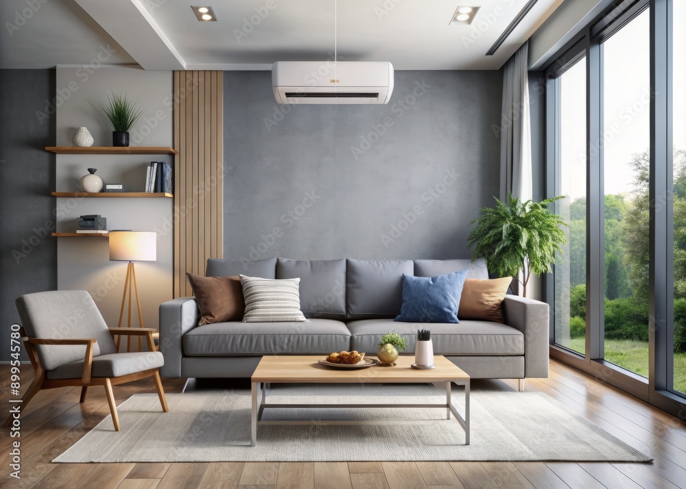 Fototapeta premium Modern living room interior with sleek air conditioning unit on wall, cozy sofa, and large advertisement banner on window behind stylish coffee table decor.