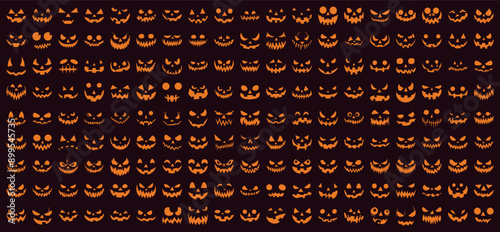 Scary Pumpkin Face Silhouette Icons Mega Collection for Halloween. Spooky Jack O Lantern Devil Smile. Creepy Halloween Pumpkin Faces. Isolated Vector Clip Art Set. October Horror Emotions for Party.