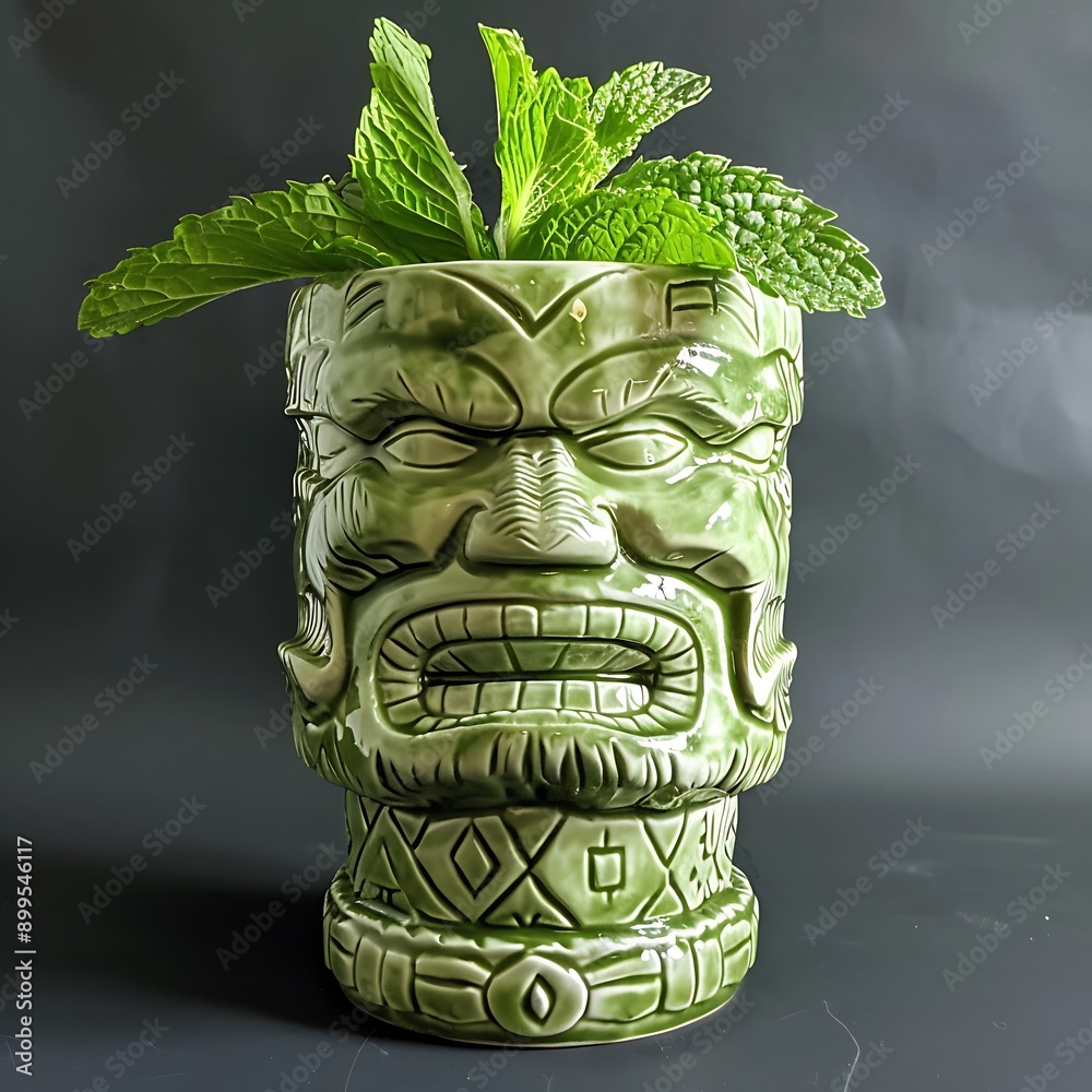 Green Tiki Mug with Mint Garnish. Green Tiki Mug with Mint Garnish.