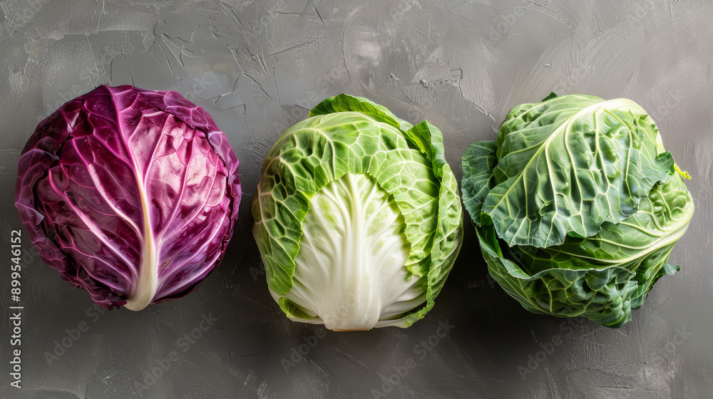 Obraz premium Three different colored heads of cabbage are displayed on a grey surface