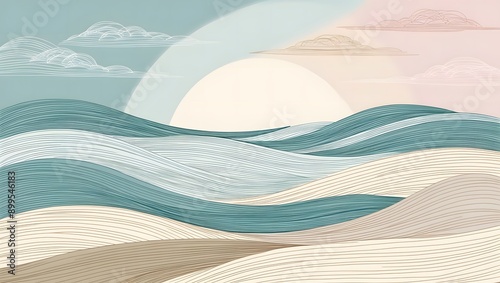 background with waves, set against a subtle gradient background that shifts from soft teal to pale cream, and pale pink conveying a sense of dawn or dusk, with a few wispy clouds