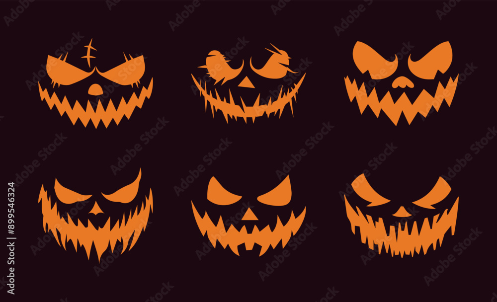 Spooky Pumpkin Face Icons Set for Halloween. Creepy Jack O Lantern Silhouettes. Horror and Scary Faces. October Festive Clip Art Collection. Isolated Vector Illustrations on Solid Background. Spooky Pumpkin Face Icons Set for Halloween. Creepy Jack O Lantern Silhouettes. Horror and Scary Faces. October Festive Clip Art Collection. Isolated Vector Illustrations on Solid Background.